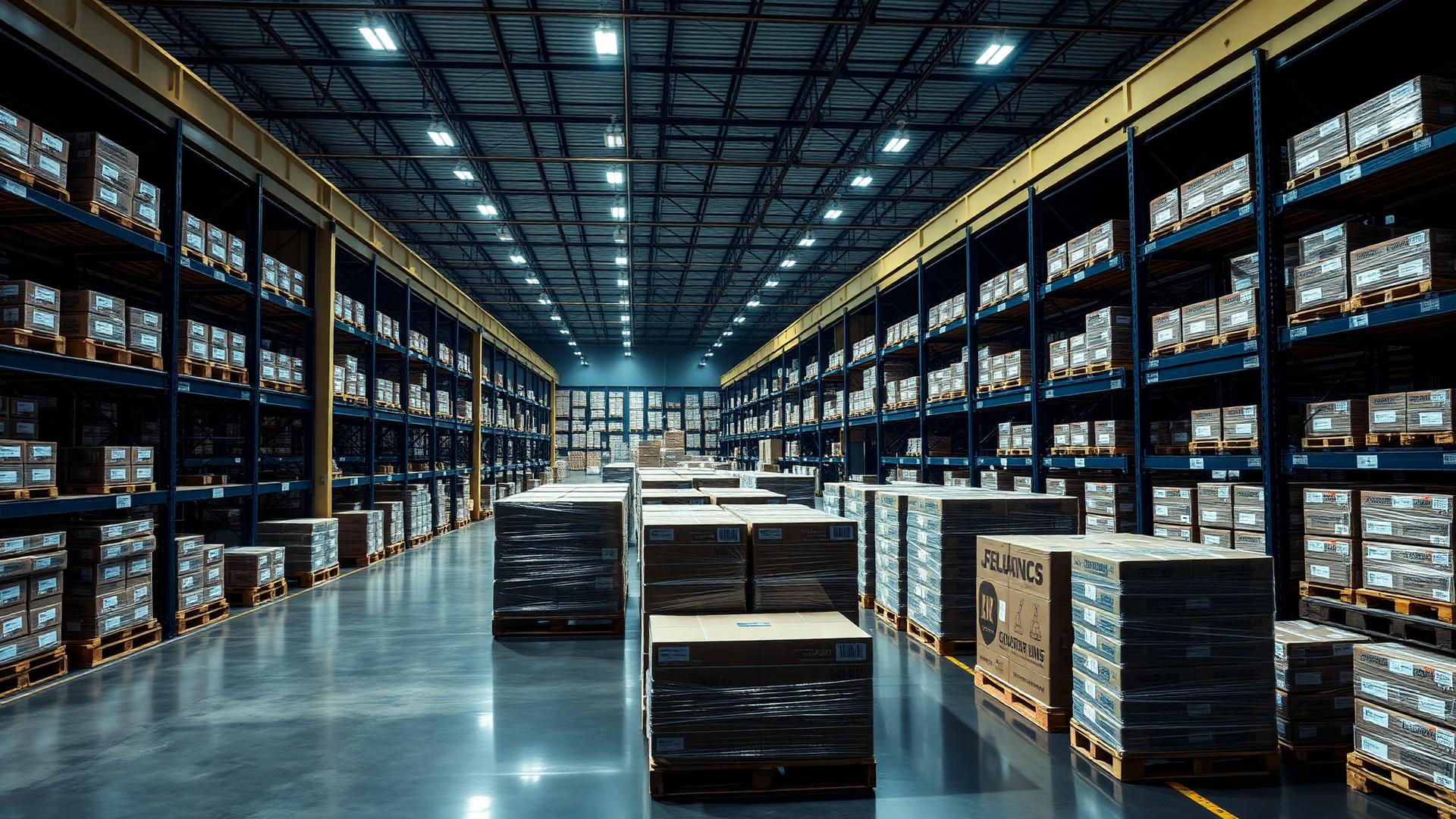 Modern wholesale warehouse with pallets of branded goods